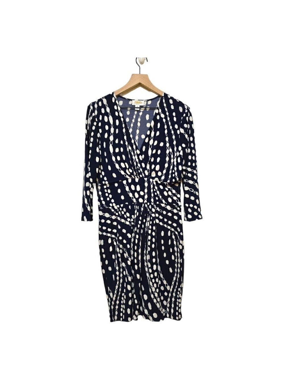 Talbots Petites Navy & White Chain Faux Wrap Stretch 3/4 Sleeve Dress Sz 8P